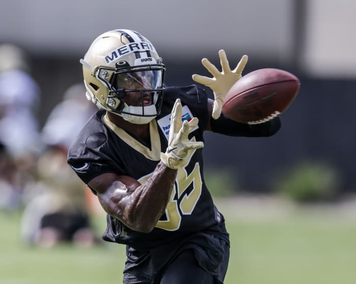 Jul 29, 2022; New Orleans Saints receiver Kirk Merritt (85) works during training camp at Ochsner Sports Performance Center. Mandatory Credit: Stephen Lew-USA TODAY Sports